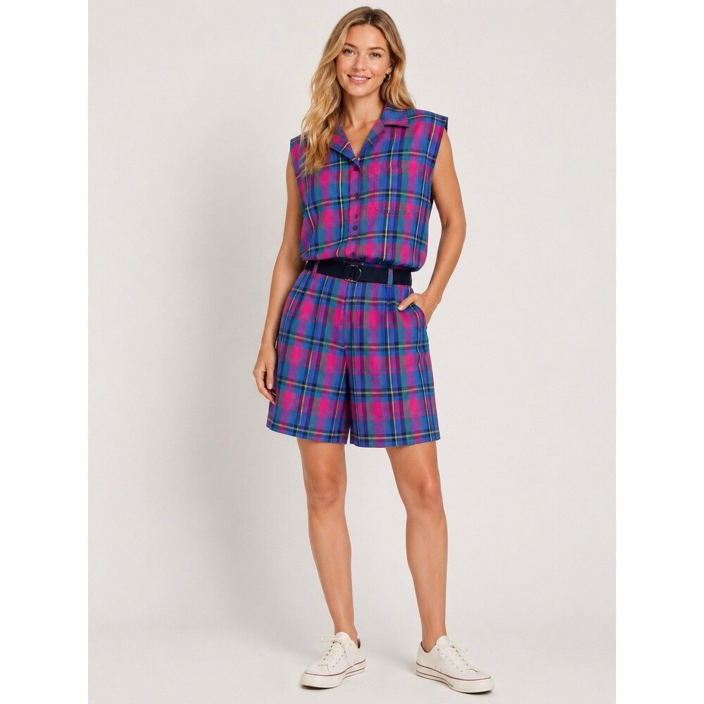 VTG 80s 90s Basic Essentials Madras Plaid 2 Piece Sleeveless Shorts Set Cotton S